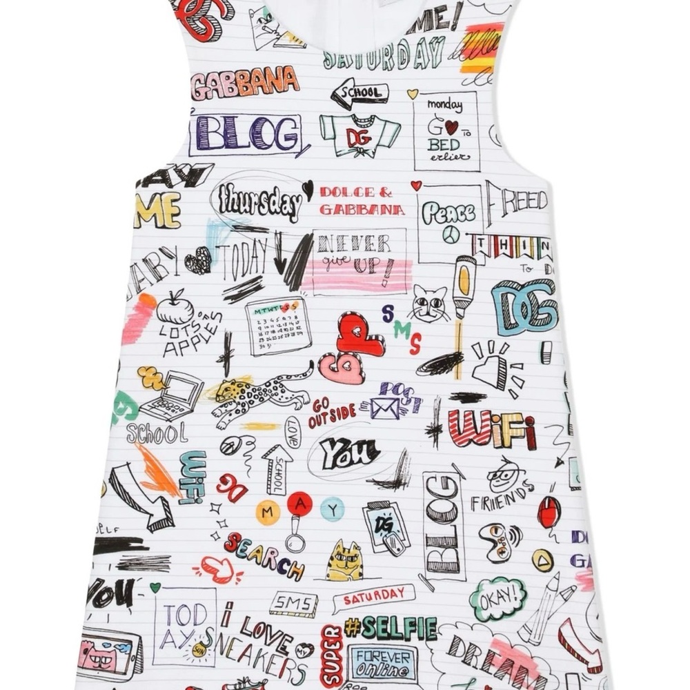 Dolce & Gabbana White Tank Dress with Multicolor Doodle Print